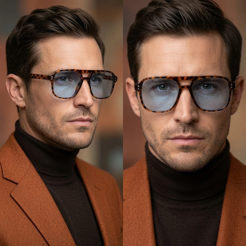 Mens Tortoiseshell Square Sunglasses Light Blue Tint Lens Retro Navigator Classy